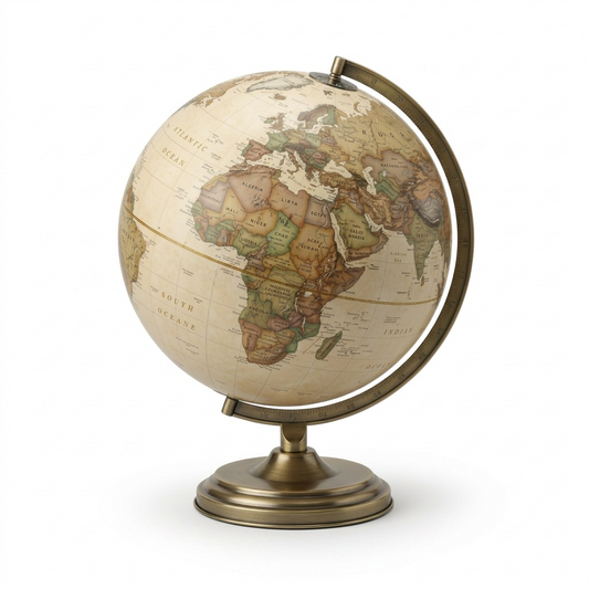 High-resolution hero shot of the vintage-style Replogle Grosvenor antique parchment ocean desk globe on its brass-finished stand.