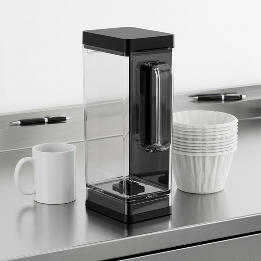 A Keurig K-2500 3.25L clear coffee brewer reservoir with a black lid is shown upright on a stainless steel counter next to a stack of classic paper coffee filters. A standard mug and pen are nearby, clearly demonstrating its considerable size and capacity for a busy environment. Clean product lighting on a white background.