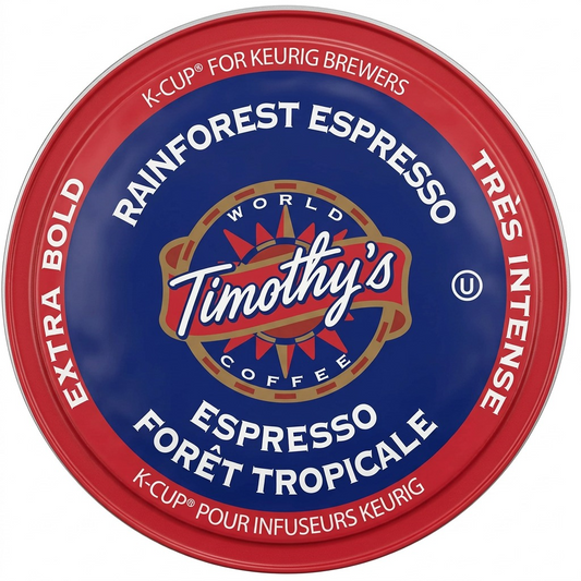 A high-resolution, centered view of a Timothy's Rainforest Espresso K-Cup against a pure white background.