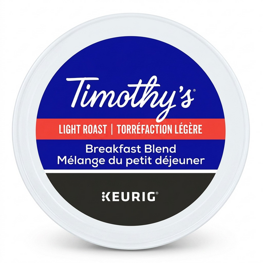 Pure high-resolution hero shot of a single Timothy's Breakfast Blend K-Cup, exactly as referenced in image_0.png, centrally positioned on a pure white background with a subtle, soft shadow, suitable for a Shopify product page. All label details, colors, and the Keurig logo are sharp and clear.