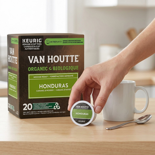 Scale reference photo: Van Houtte Honduras K-Cup pod and box next to a realistic human hand and mug.