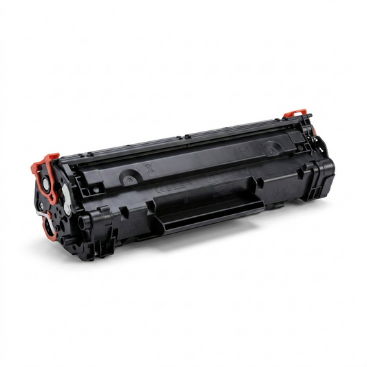 A crisp, central product photo of a black laser toner cartridge on a pure white background, showcasing its intricate details.