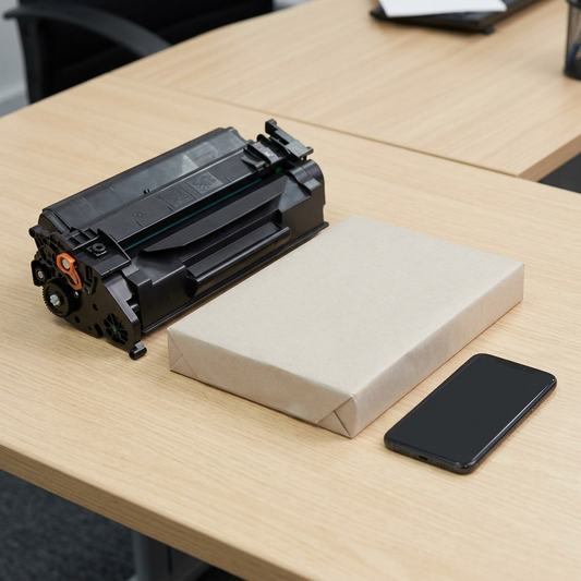 A scale reference photo showing the specific Elevate Imaging laser toner cartridge positioned next to a standard ream of paper and a smartphone, demonstrating its size.