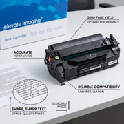 Multi-panel feature graphic for Elevate Imaging Compatible HP CF258A toner, highlighting chip accuracy and yield benefits.