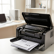 A high-quality lifestyle photograph of the black Elevate Imaging CF258A toner cartridge installed inside a functional monochrome laser printer, reflecting a workspace environment with blurred background details under natural window light.