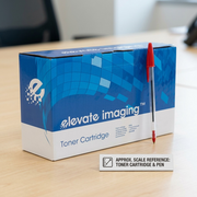 Scale reference: the Elevate Imaging toner cartridge sits beside a pen for comparison.