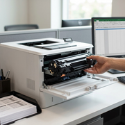A photorealistic scene showing an Elevate Imaging compatible toner cartridge being used in an HP laser printer in a neutral office setting.