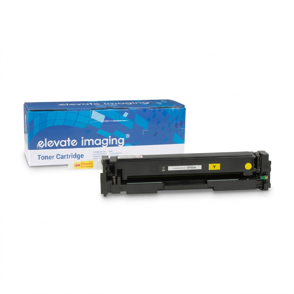 High-resolution hero shot of the black Elevate Imaging Compatible for HP CF402A yellow toner cartridge.