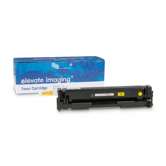 High-resolution hero shot of the black Elevate Imaging Compatible for HP CF402A yellow toner cartridge.