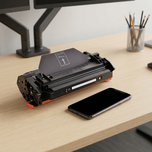A scale-reference image of the Elevate Imaging CF289A toner cartridge sitting on a wooden desk next to a standard smartphone.