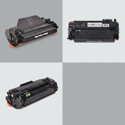 A matrix of three black toner cartridges shown from different viewpoints: front-right, top, and rear-left.