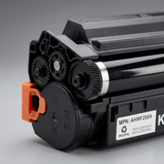 Macro inspection of the Elevate Imaging toner cartridge: gears, OPC drum, and MPN label.