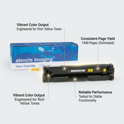 Ecommerce feature callout matrix for the Elevate Imaging Comparable HP CF402A toner with pointer lines highlighting key benefits and yield.