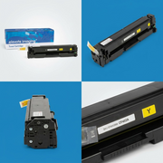 A four-panel grid showing the Elevate Imaging yellow toner cartridge from multiple precise angles.