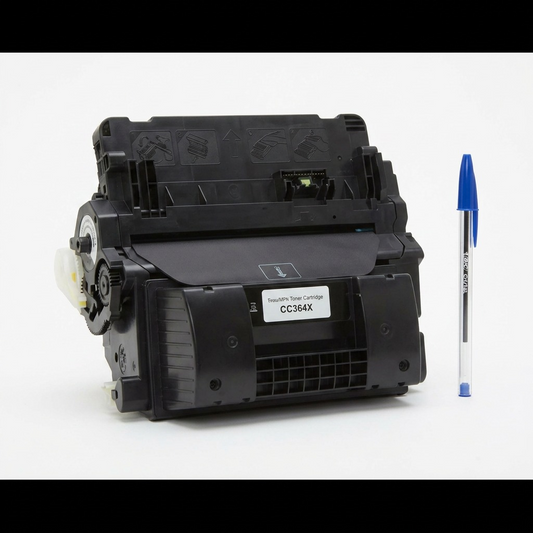 The black, high-yield toner cartridge CC364X from image_0.png, with complex gears and a labels, is next to a ballpoint pen on a white desk, showing its scale.