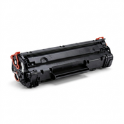 A crisp, central product photo of a black laser toner cartridge on a pure white background, showcasing its intricate details.