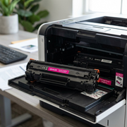 A realistic photo of the Elevate Imaging Remanufactured HP Q6463A magenta toner cartridge installed in a clean office printer, bathed in natural light. A tray of fresh paper sits nearby. The packaging is not shown. The focus is on the correct printer/cartridge pair for the MPN: AHW64633B0RC-Q6463A. The scene is clutter-free. The printer brand isn't identifiable, allowing universal applicability, but the cartridge color 'magenta' is clearly visible through the cartridge/bay.