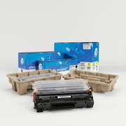 An image of an Elevate Imaging toner cartridge surrounded by protective packing materials, reducing shipping anxiety.