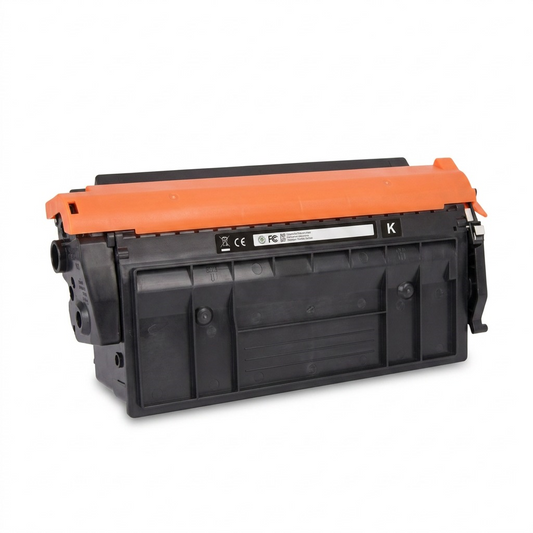 A high-resolution product shot of the black Elevate Imaging toner cartridge with orange protective strip, centered on a white background.