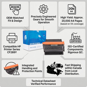 A visual infographic matrix for the Elevate Imaging CF289Y toner cartridge, highlighting technical specifications, compatibility, build quality, and shipping details, centered around the product and its box.