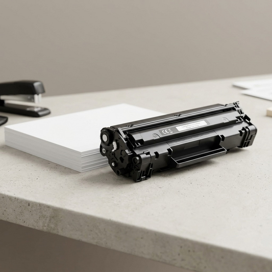 A high-yield compatible toner cartridge shown next to standard printer paper to visualize scale.