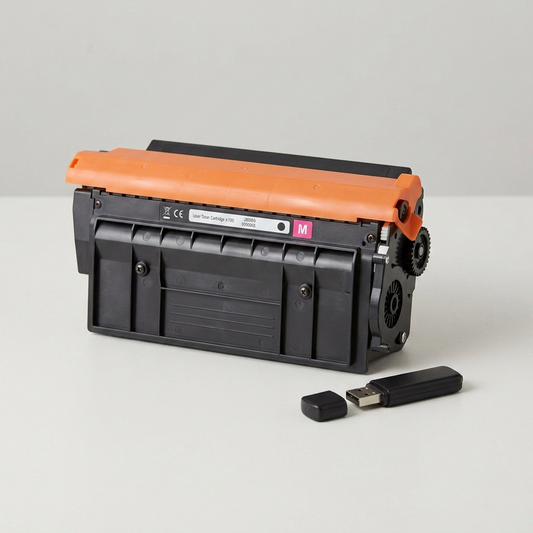 A printer toner cartridge on a white desk alongside a standard USB drive to demonstrate its size.