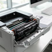 Product photo of an Elevate Imaging CE250A toner cartridge installed in a busy laser printer.
