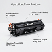 PDP feature graphic highlighting HP CE250A compatible toner with 5000-page yield and print quality callouts.