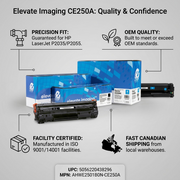 An infographic illustrating the Elevate Imaging CE250A compatible toner and box with trust cues like certified facility and Canadian shipping.