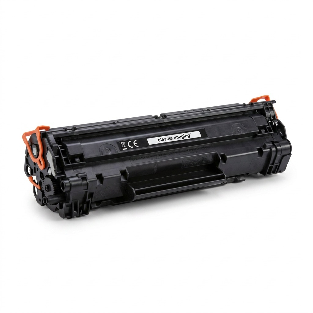 A pure high-resolution hero shot of a single Elevate Imaging black toner cartridge CE263A on a pure white background. The image captures the authentic product details and texture, suitable for a Shopify store.
