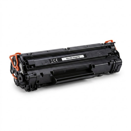 A pure high-resolution hero shot of a single Elevate Imaging black toner cartridge CE263A on a pure white background. The image captures the authentic product details and texture, suitable for a Shopify store.