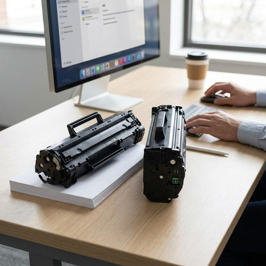 Two black toner cartridges shown to scale next to standard A4 paper, an Apple Pencil, and a hand.