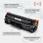 High-resolution macro shot of the Elevate Imaging HP CE263A toner cartridge with operational feature callouts.