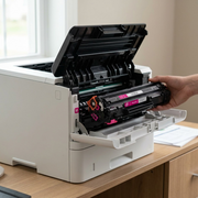 A photorealistic image of the Elevate Imaging CE263A magenta toner cartridge installed in a laser printer.