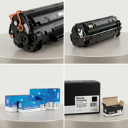 Four-panel visual matrix showing the Elevate Imaging compatible toner from detailed angles and in packaging.