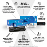 Elevate Imaging CE263A Toner confidence infographic with key features, compatibility, and certifications.