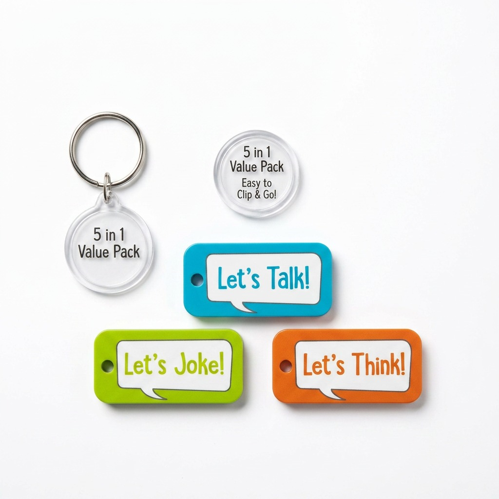 A high-resolution, centered view of the Let's Chat!, Let's Joke!, and Let's Think! key fobs on a pure white background.