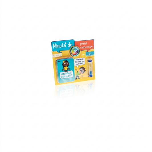 High-resolution hero shot of the Minute de pleine conscience card and sand timer kit.