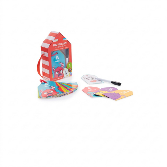 A high-resolution hero shot of the unpacked fdmt Emotions ABC's portable dry-erase activities, including the box, cards, and pen on a pure white background.