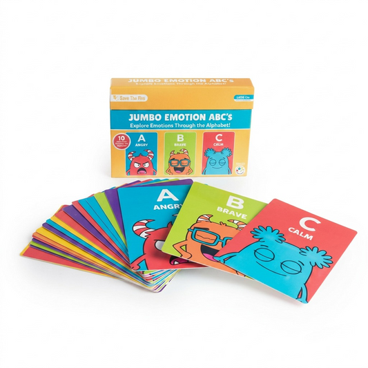 High-resolution pure white backdrop hero shot of the open fdmt Jumbo ABC Emotion Cards kit.