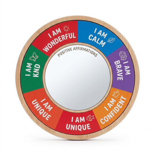 High-resolution hero shot of fdmt wooden confidence building mirror with multi-color affirmations.