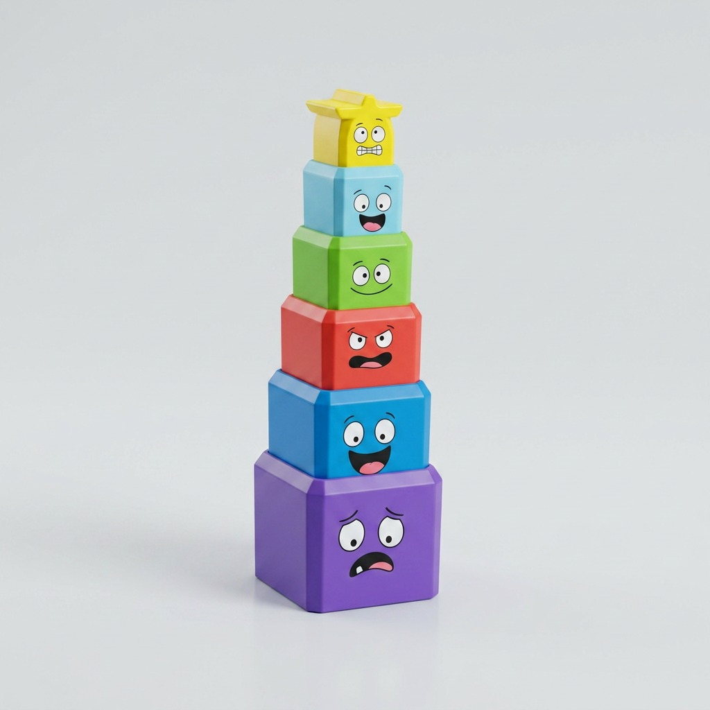A stack of nested emotion character blocks, from large purple to small yellow star top, on a clean background.