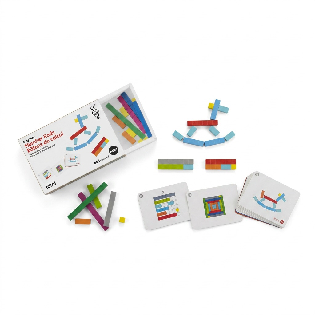 High-resolution hero shot of fdmt Number Rods, including educational rods and cards.