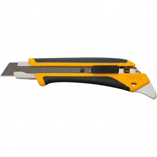 A clean, high-resolution hero image of the zero-gravity OLFA LA-X 18mm Utility Knife, resting on a pure white background.