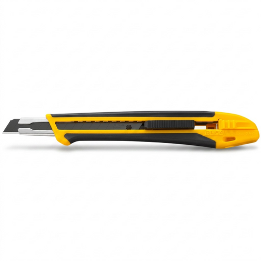 A crisp, central hero shot of the yellow and black Olfa 9mm XA-1 Fiberglass Knife.