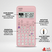 Pink Casio FX-9910CW calculator with feature callouts for menu navigation, workflow, and battery.