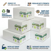 ~Infographic with a matrix of boxes for the Inteplast Group W. Ralston garbage bags, detailing specifications and shipping.