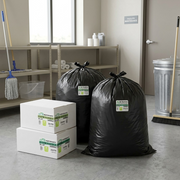 A lifestyle image showing two Inteplast W. Ralston-branded heavy-duty black trash bags filled in a realistic clean facility setting, with two more boxes that represent the image_0.png packaging stacked nearby, all in natural, soft indoor light.
