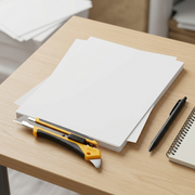 A scale-reference image of the OLFA LA-X 18mm Utility Knife beside a standard A4 paper stack and writing implements.