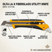 A detailed feature callout graphic illustrating the capabilities of the Olfa LA-X Fiberglass Utility Knife, with precise labels and a Canadian shipping icon.
